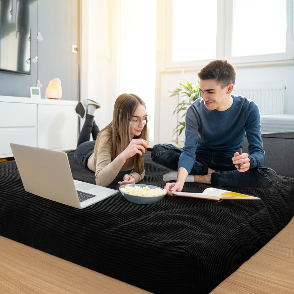 MAXYOYO Bean Bag Bed - Convertible Folds from Bed To Bean Bag Chair - Large Bean Bag with Soft Cover (Black)