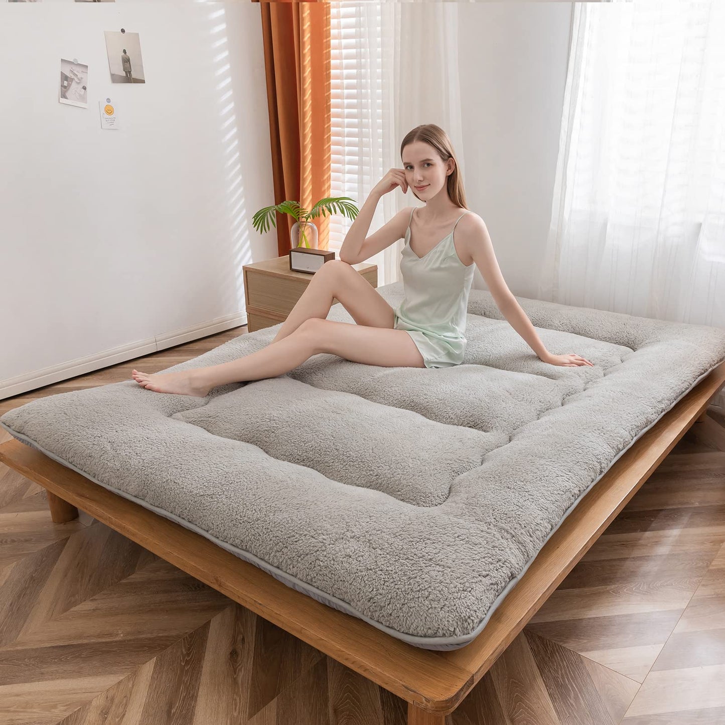 MAXYOYO Sherpa Fleece Floor Mattress Futon Mattress,Grey Japanese Style Roll Up Mattress