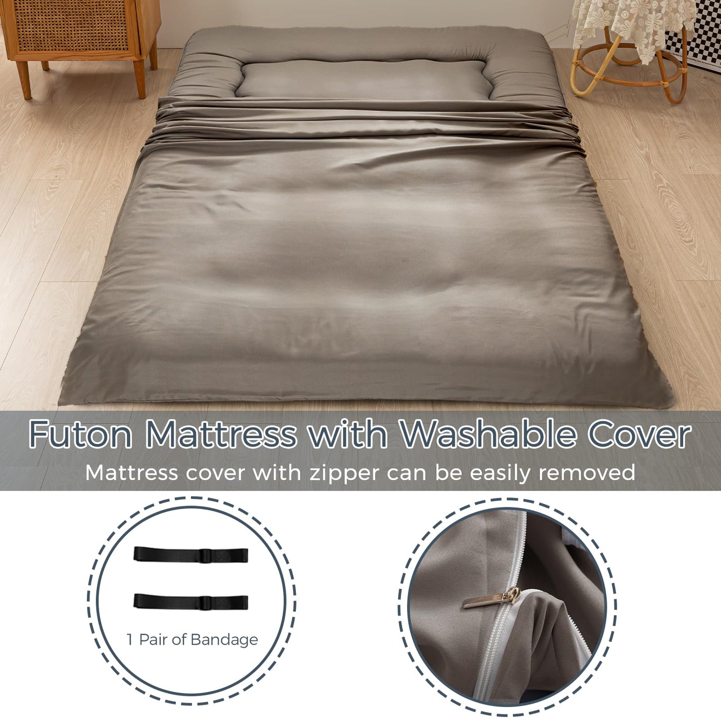 MAXYOYO 15cm Japanese Floor Mattress, Classic Quilted Bed Mattress, Extra Thick Sleeping Pad Breathable Floor Lounger Guest Bed Car Bed (Charcoal Gray)