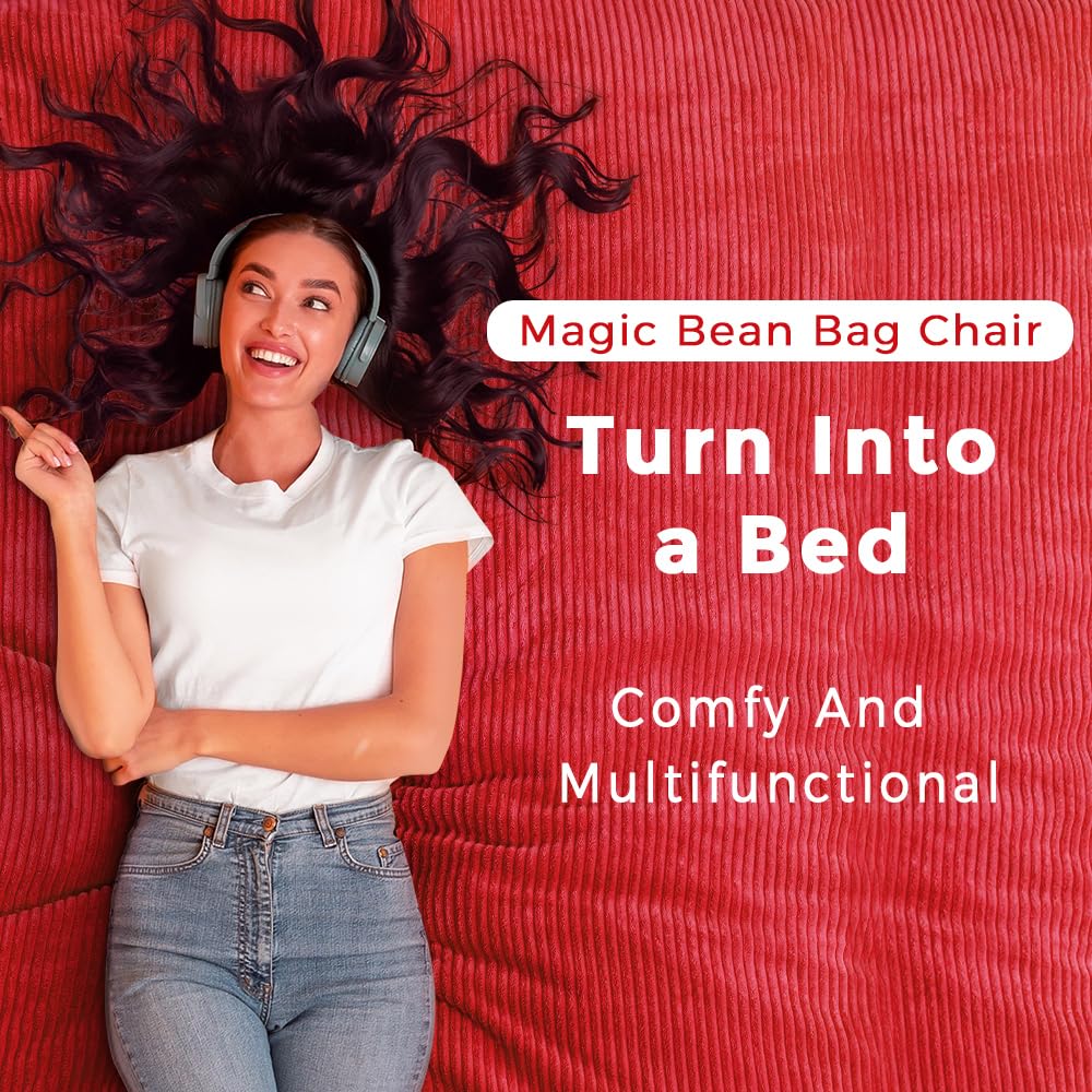 MAXYOYO Bean Bag Bed - Convertible Folds from Bed To Bean Bag Chair - Large Bean Bag with Soft Cover (Cinnabar)
