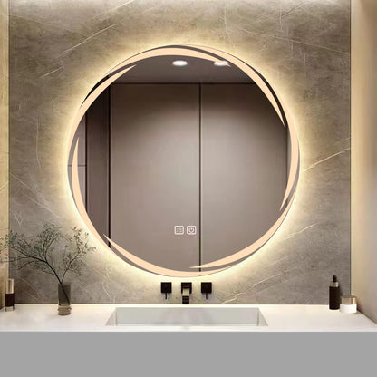 MAXYOYO Patterned Round Bathroom Mirror Wall Mounted Mirror with 3-Color Dimmable LED Light, IP44 (Whirlwind)