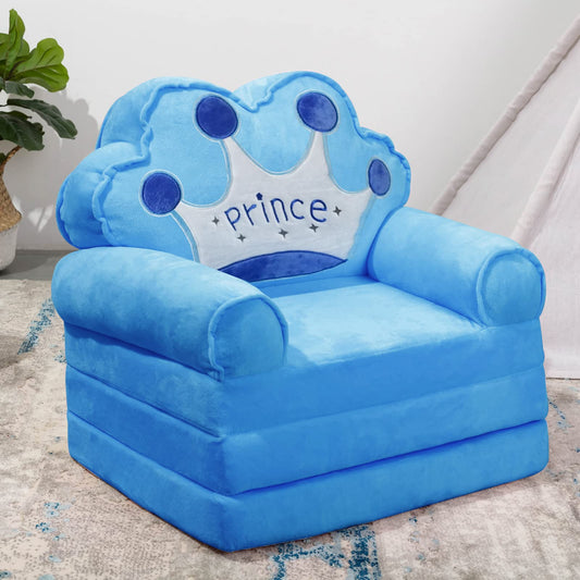 MAXYOYO Kids Fold Out Chair - Cute Folding Sofa Bed Couch Armchair for Playroom Bedroom (Blue Prince Crown)