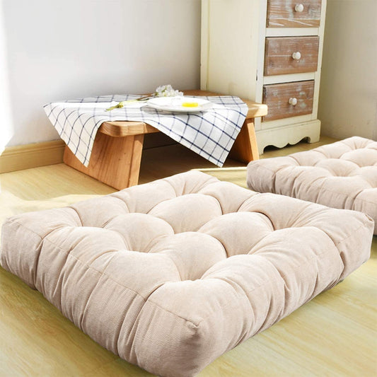 MAXYOYO Square Solid Floor Cushion, 22x22 Inch Large Floor Cushions Thicken Floor Pillow Corduroy Tatami Cushion, Beige