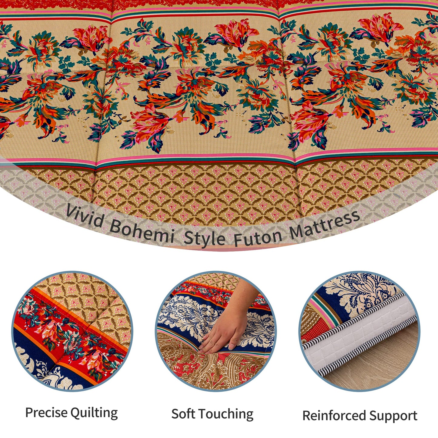 MAXYOYO Bohemian Retro Floor Mattress Vintage Floral Japanese Futon Mattress Thick Roll Up Thicken Sleeping Bed