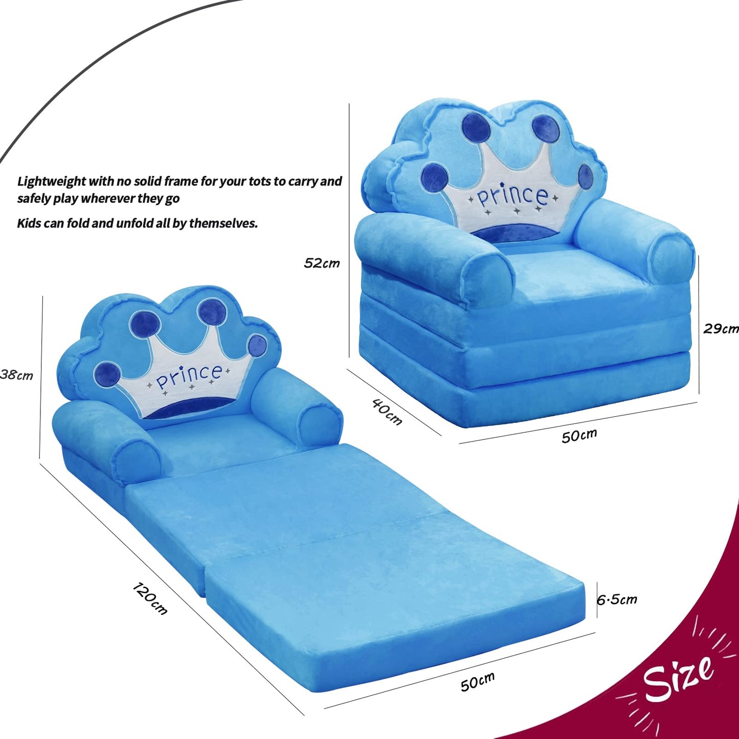 MAXYOYO Kids Fold Out Chair - Cute Folding Sofa Bed Couch Armchair for Playroom Bedroom (Blue Prince Crown)