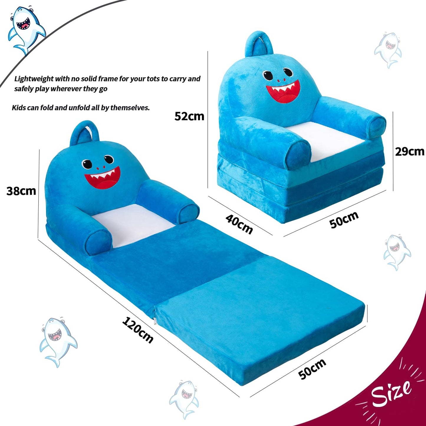 MAXYOYO Kids Fold Out Chair - Cute Folding Sofa Bed Couch Armchair for Playroom Bedroom (Shark)