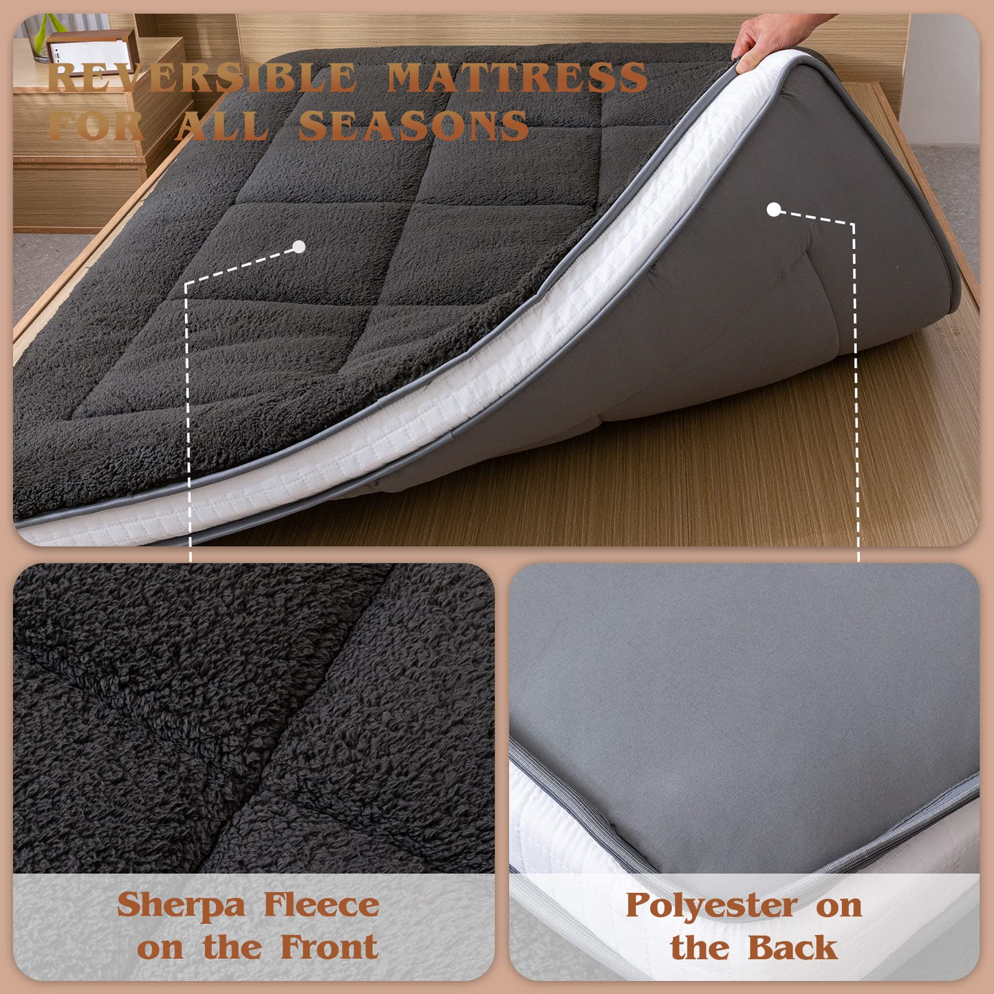 MAXYOYO Padded Sherpa Fleece Futon Mattress, Single Size Japanese Style Floor Mattress Roll Up Mattress, Dark Gray
