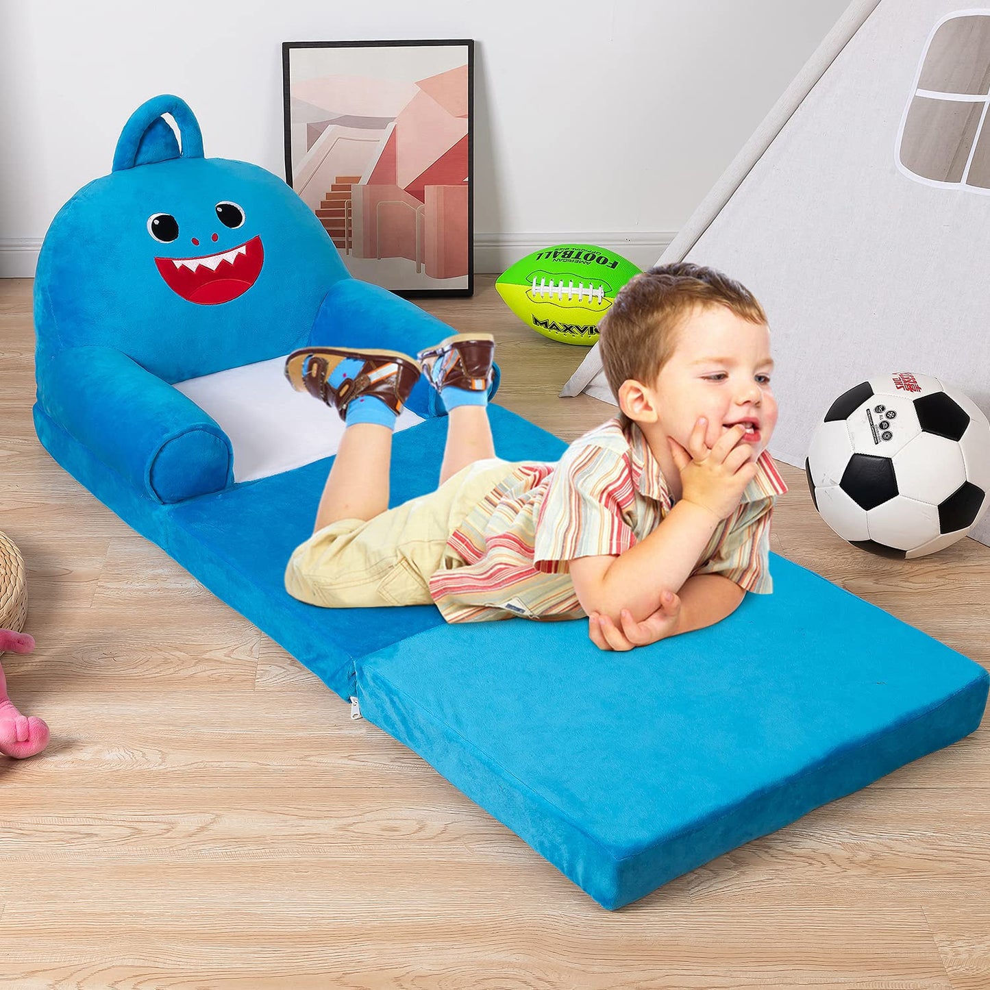 MAXYOYO Kids Fold Out Chair - Cute Folding Sofa Bed Couch Armchair for Playroom Bedroom (Shark)