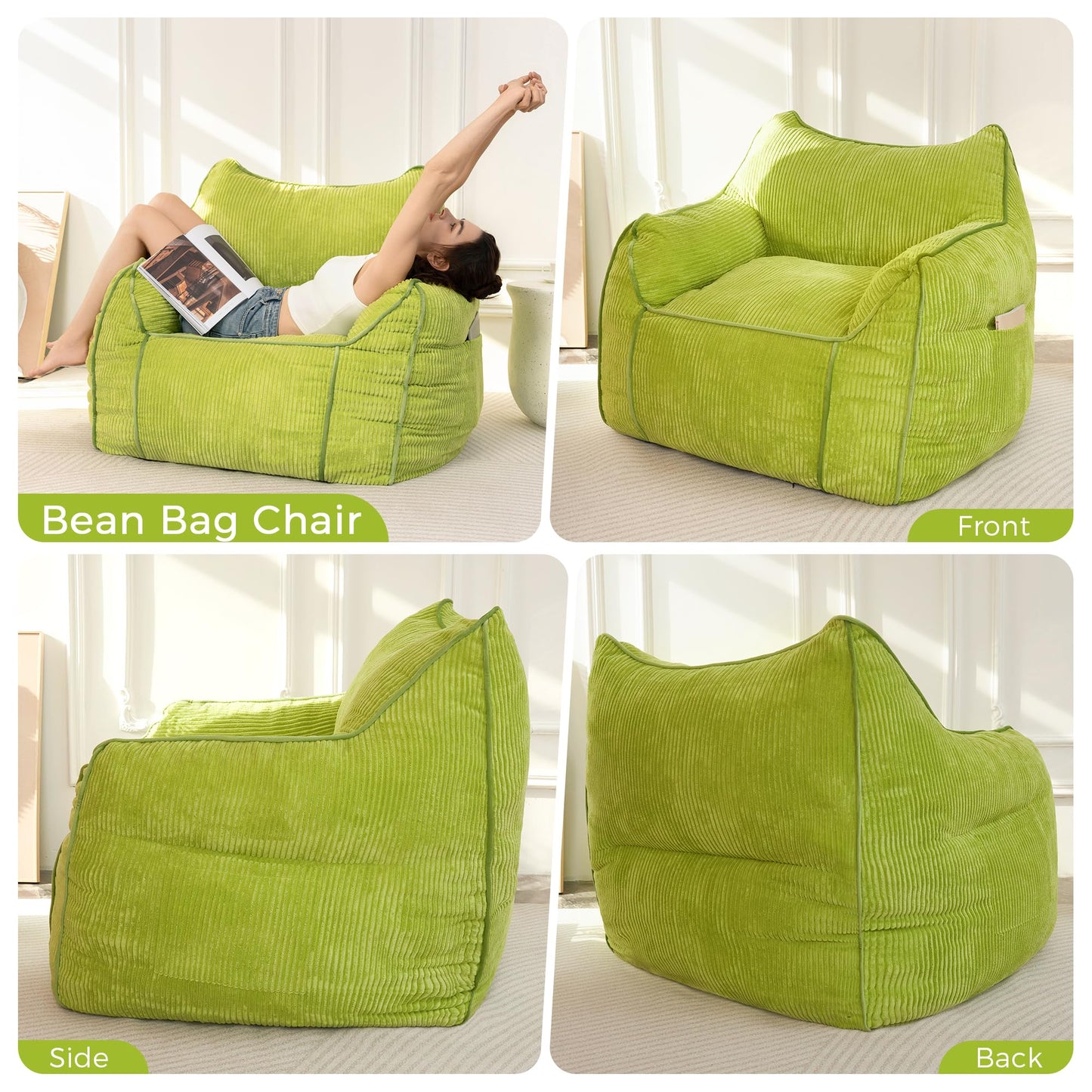 MAXYOYO Giant Bean Bag Sofa for Adults, Corduroy High-Density Foam Filled Bean Bag Chair, Large Lazy Puff Chair for Living Room, Bedroom (Green)