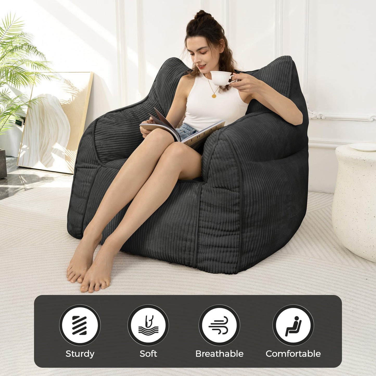 MAXYOYO Giant Bean Bag Sofa for Adults, Corduroy High-Density Foam Filled Bean Bag Chair, Large Lazy Puff Chair for Living Room, Bedroom (Charcoal Gray)