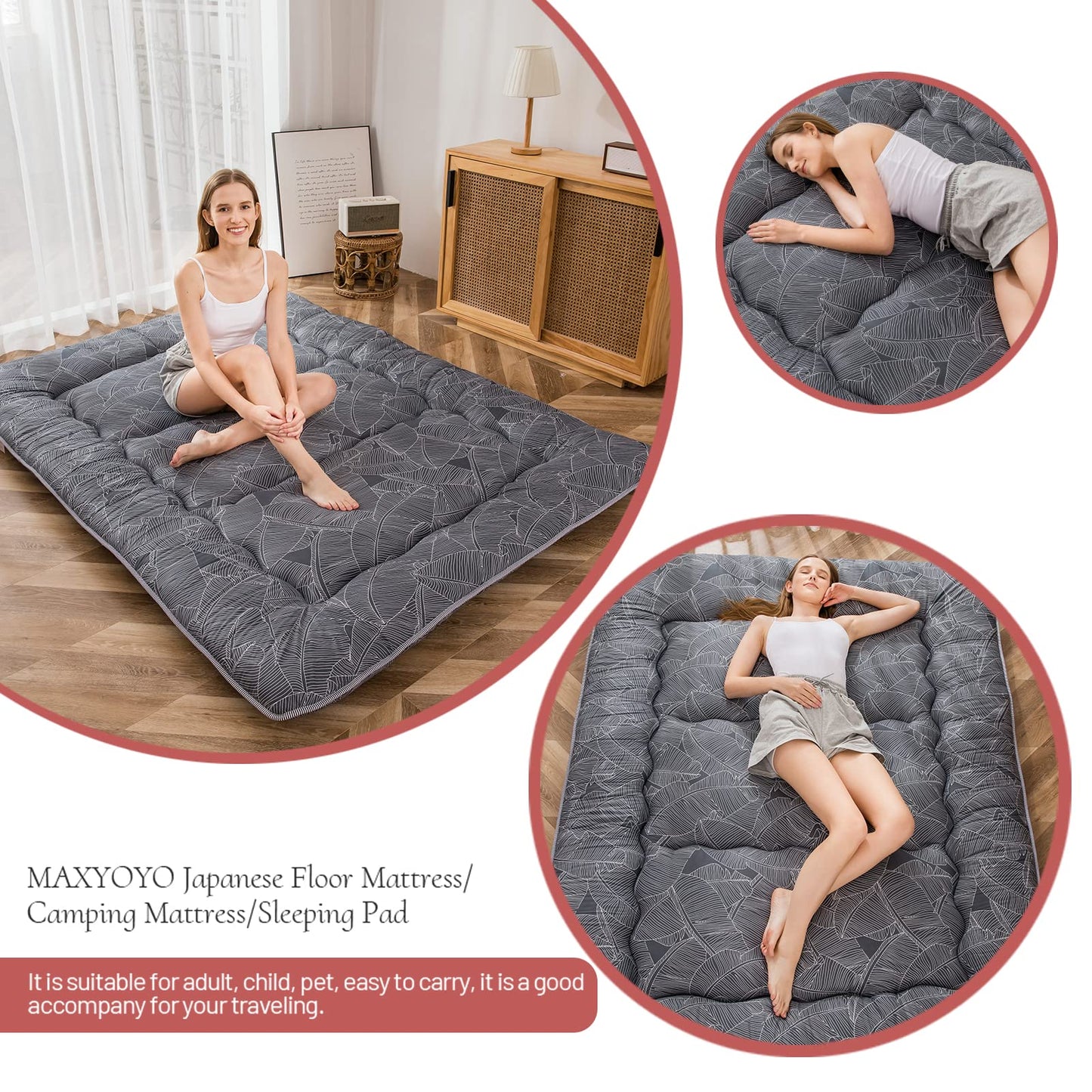 MAXYOYO Japanese Floor Mattress Futon Mattress, Leaf Printed Tatami Mat