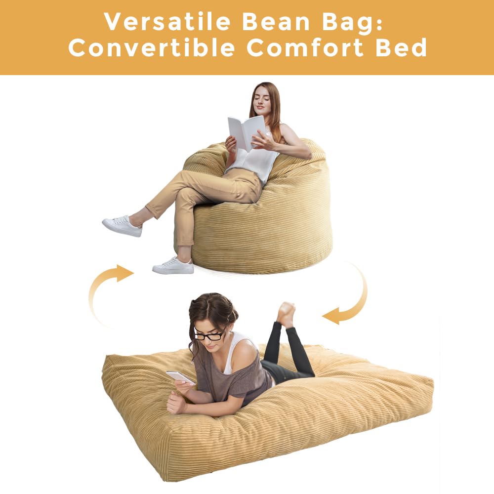 MAXYOYO Bean Bag Bed - Convertible Folds from Bed To Bean Bag Chair - Large Bean Bag with Soft Cover (Camel)