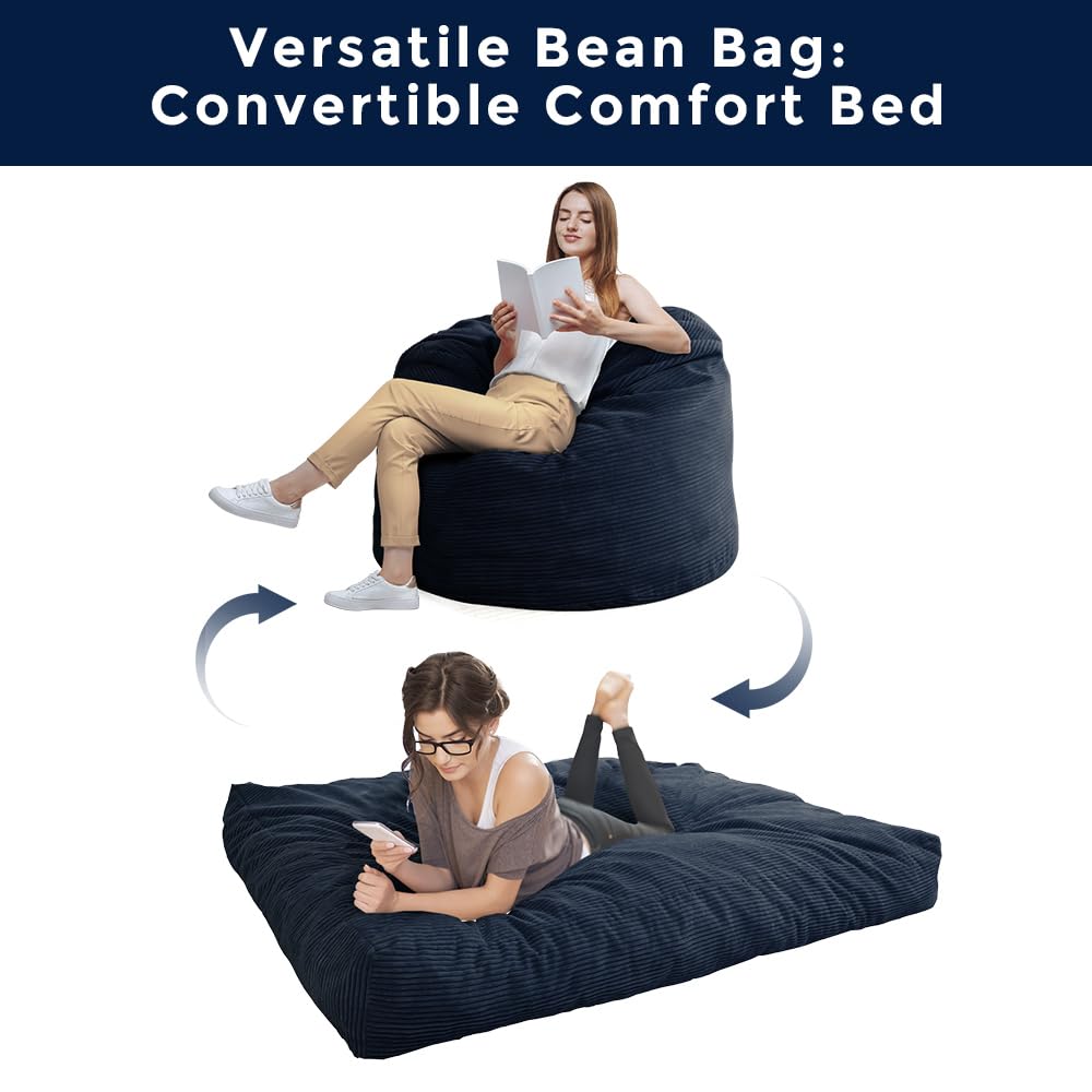 MAXYOYO Bean Bag Bed - Convertible Folds from Bed To Bean Bag Chair - Large Bean Bag with Soft Cover (Navy)