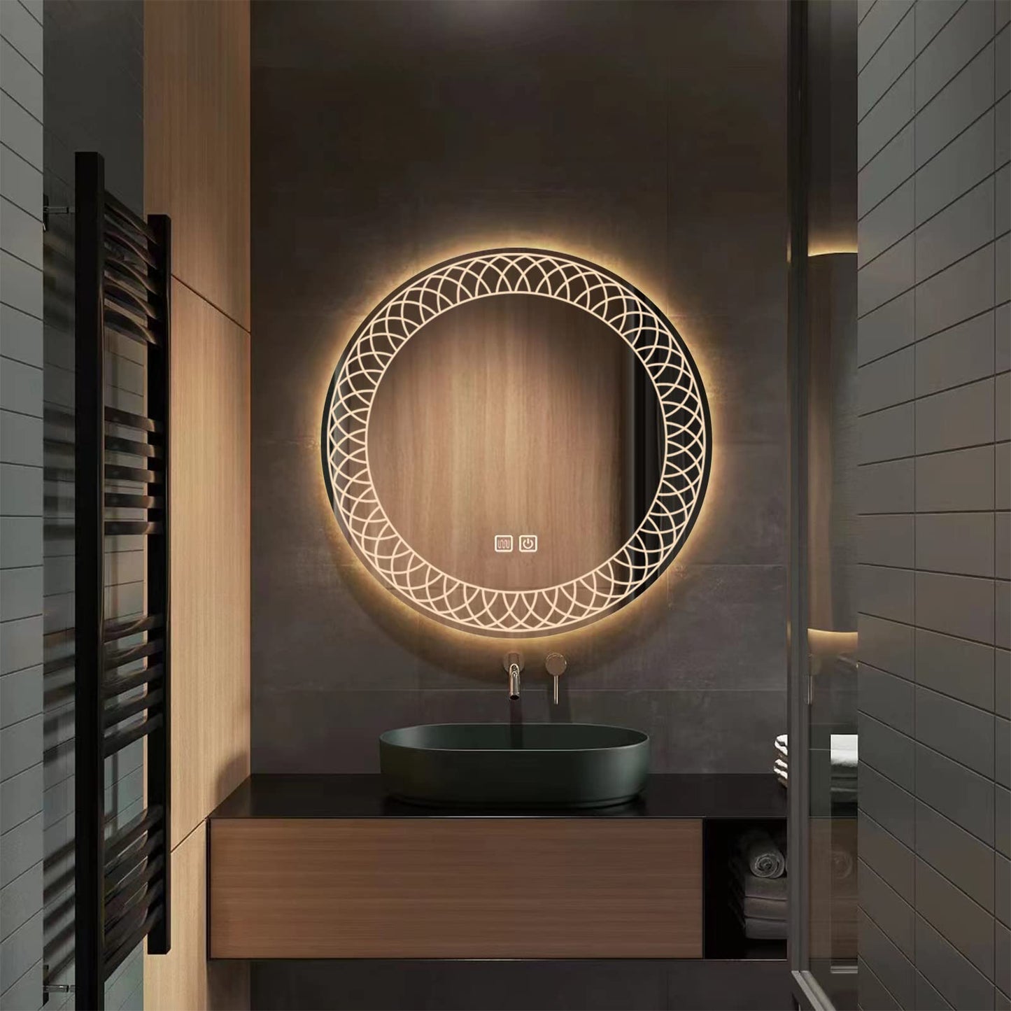 MAXYOYO Patterned Round Bathroom Mirror Wall Mounted Mirror with 3-Color Dimmable LED Light, IP44 (Kaleidoscope)
