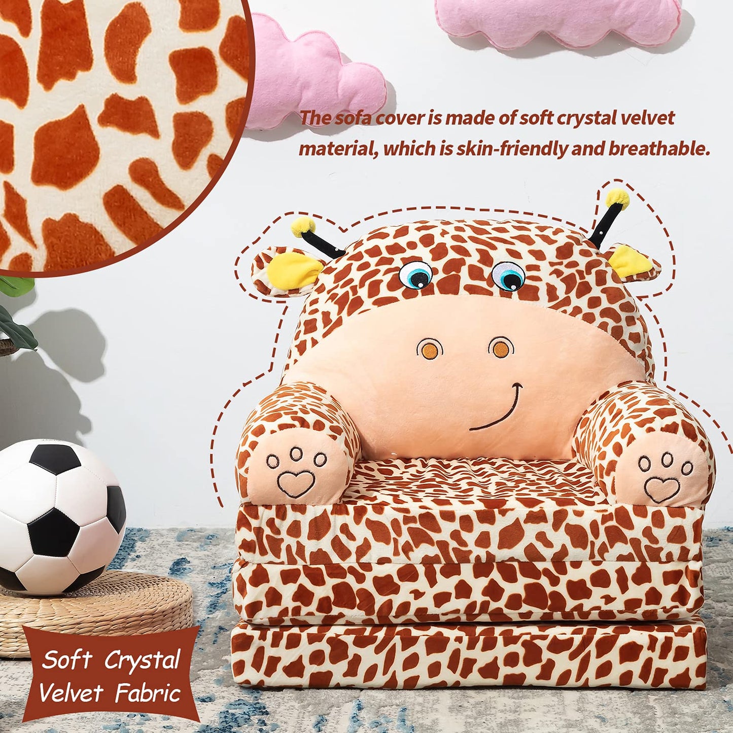 MAXYOYO Kids Fold Out Chair - Cute Folding Sofa Bed Couch Armchair for Playroom Bedroom (Giraffes)