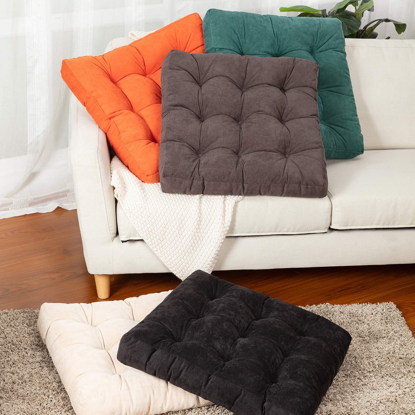 MAXYOYO Square Solid Floor Cushion, 22x22 Inch Large Floor Cushions Thicken Floor Pillow Corduroy Tatami Cushion, Beige
