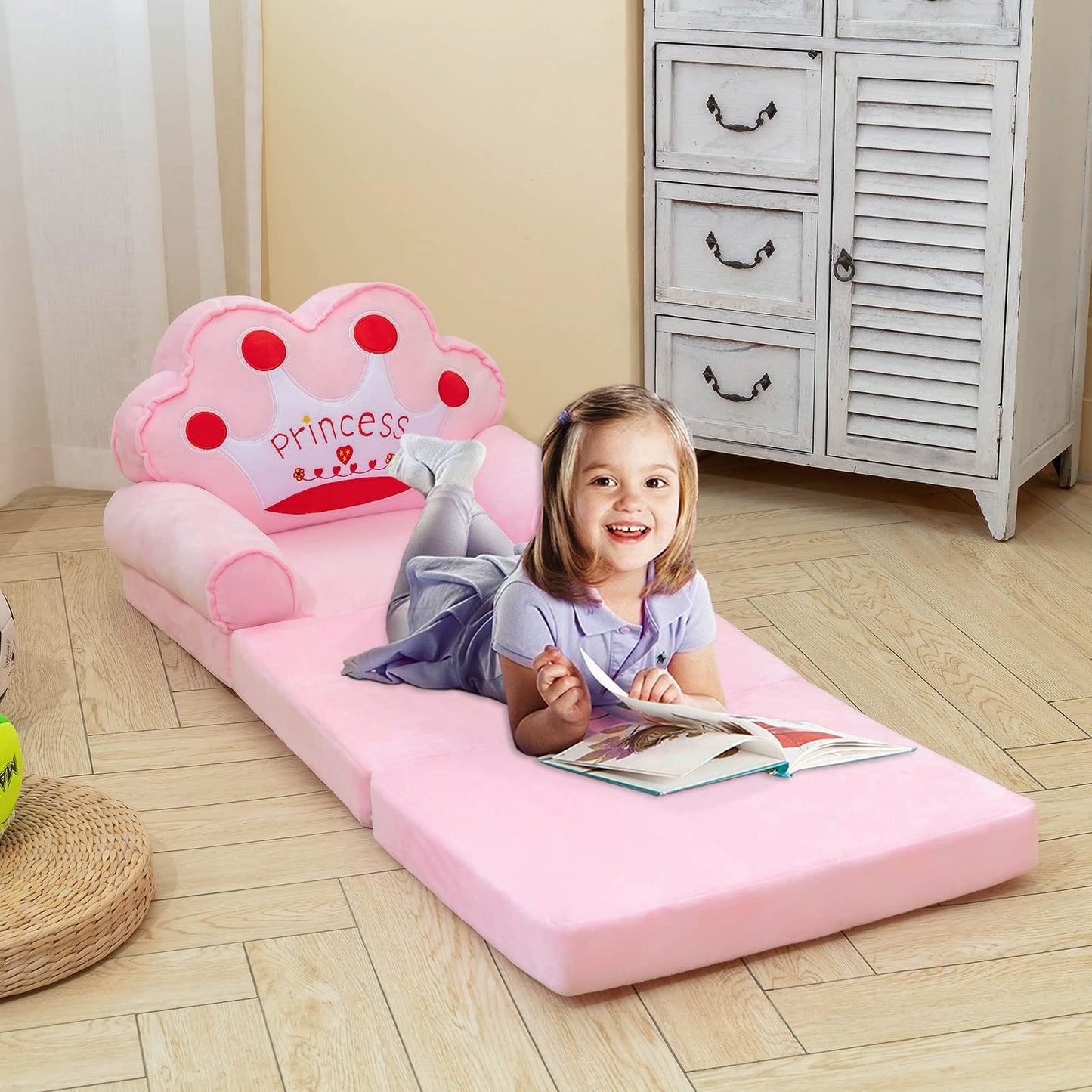 MAXYOYO Kids Fold Out Chair - Cute Folding Sofa Bed Couch Armchair for Playroom Bedroom (Pink Princess Crown)