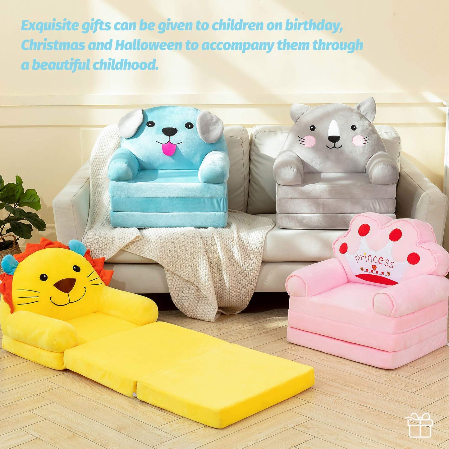 MAXYOYO Kids Fold Out Chair - Cute Folding Sofa Bed Couch Armchair for Playroom Bedroom (Lion)