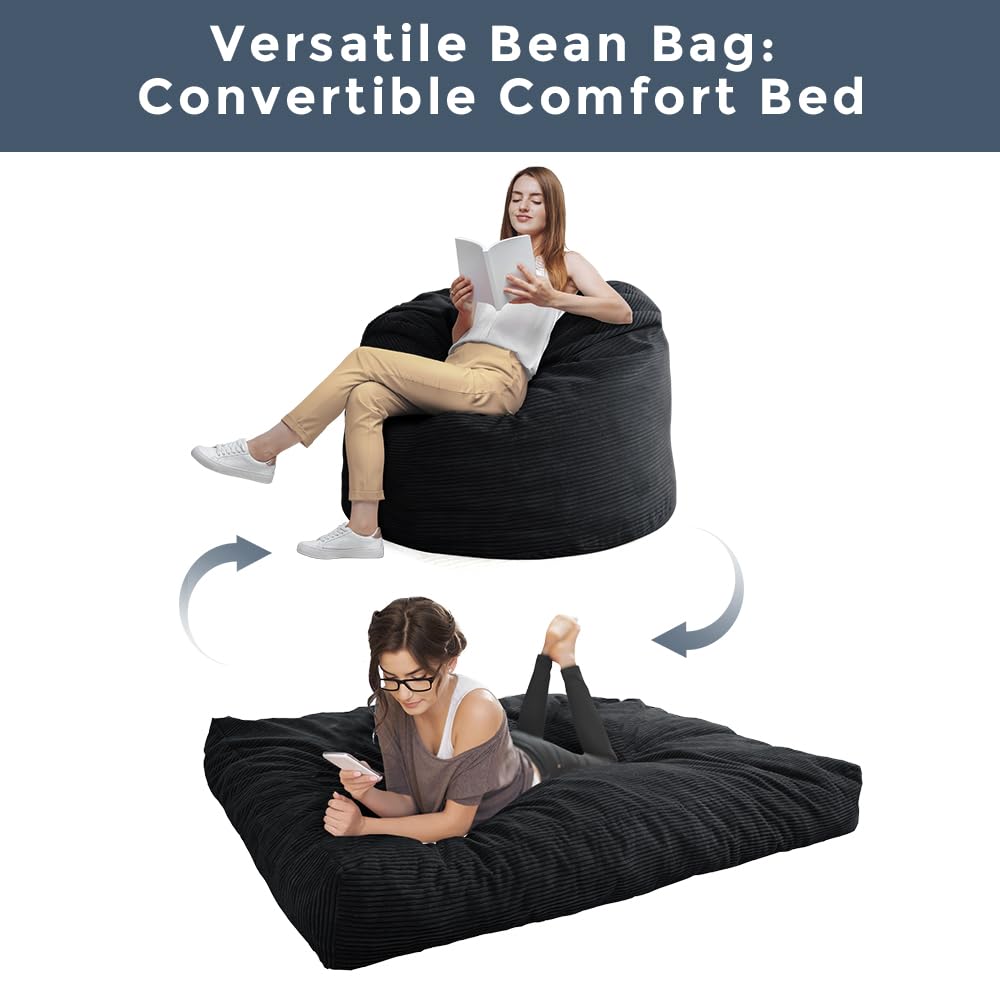 MAXYOYO Bean Bag Bed - Convertible Folds from Bed To Bean Bag Chair - Large Bean Bag with Soft Cover (Black)