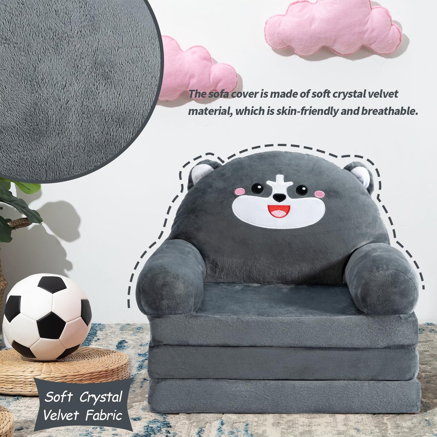 MAXYOYO Kids Fold Out Chair - Cute Folding Sofa Bed Couch Armchair for Playroom Bedroom (Gray Dog)