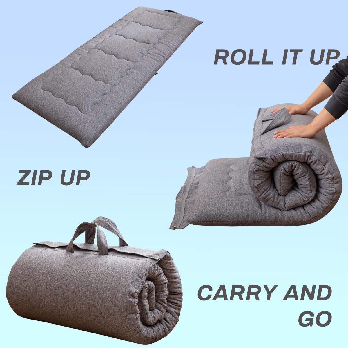 MAXYOYO Portable Foldable Futon Mattress, Foam Mattress Pad with Handle and Zipper, Grey