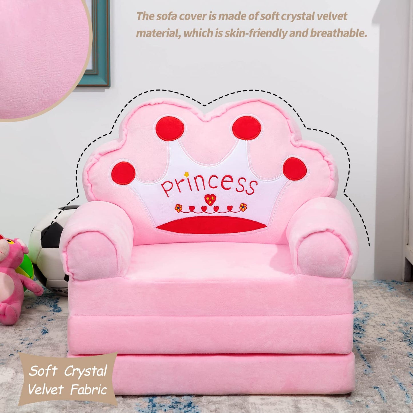 MAXYOYO Kids Fold Out Chair - Cute Folding Sofa Bed Couch Armchair for Playroom Bedroom (Pink Princess Crown)