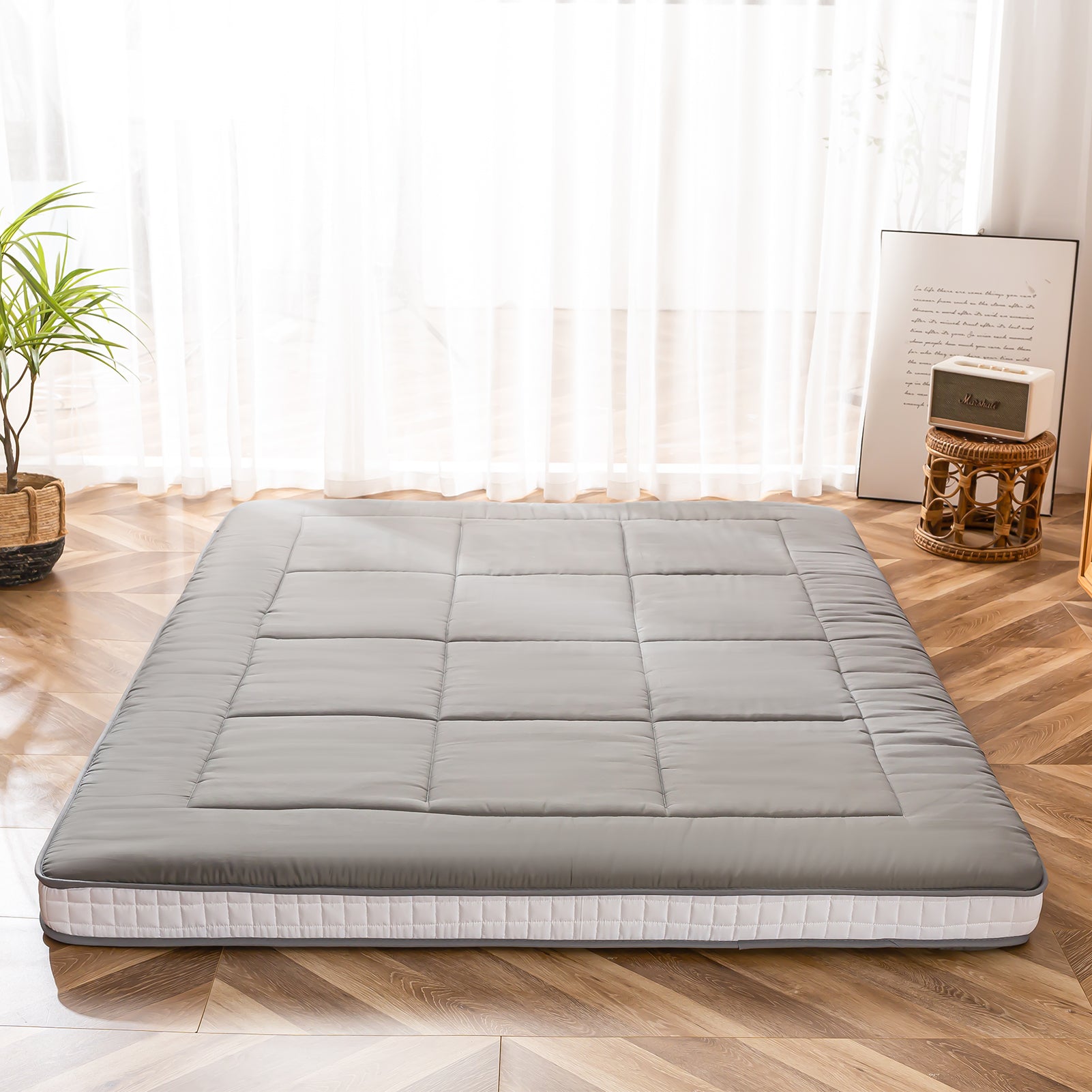 Futon Mattress, Padded Japanese Floor Mattress Quilted Bed Mattress Topper,  Extra Thick Folding Sleeping Pad, Grey, Twin 